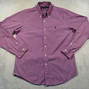 Vintage Polo Ralph Lauren Button Down L Fuchsia Blue Striped Custom Fit Shirt